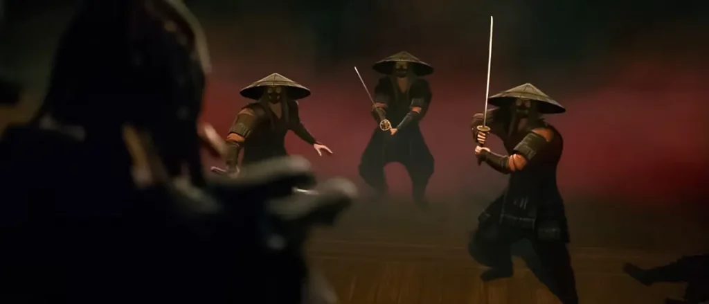 Drei Samurai stehen in Predator: Killer of Killers einem Predator gegenüber, kampfbereit und entschlossen, in einer düsteren, angespannten Szene, bereit für den ultimativen Kampf.