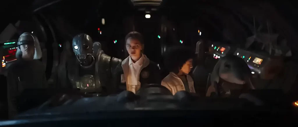 Die Kinder der Skeleton Crew im Cockpit des Raumschiffs Onyx Cinder in einer Szene aus Star Wars: Skeleton Crew.