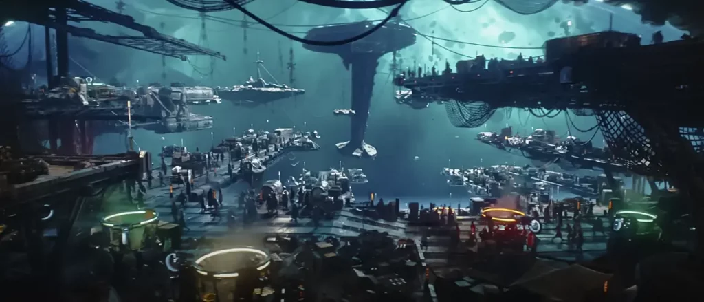 Atemberaubender Raumhafen mit Raumschiffen und Piraten in einer Szene aus Star Wars: Skeleton Crew.