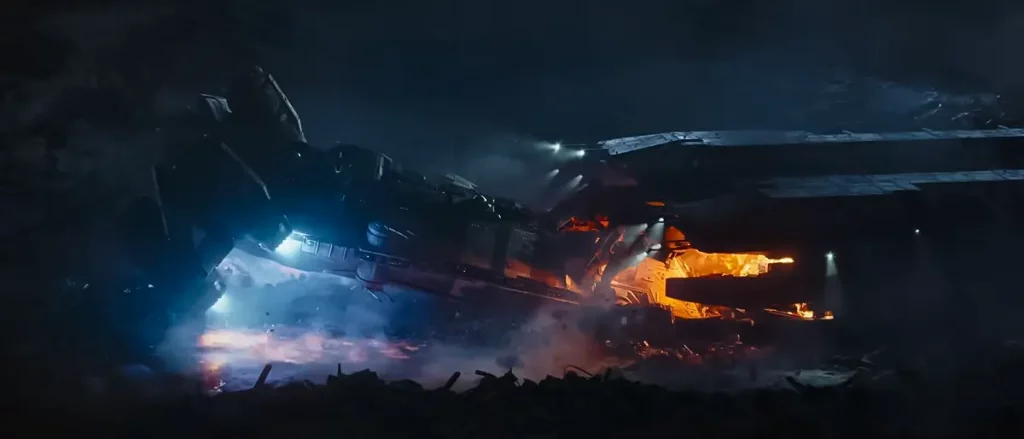 Epische Kollision zweier Raumschiffe auf einer Planetenoberfläche in einer Szene aus Star Wars: Skeleton Crew.