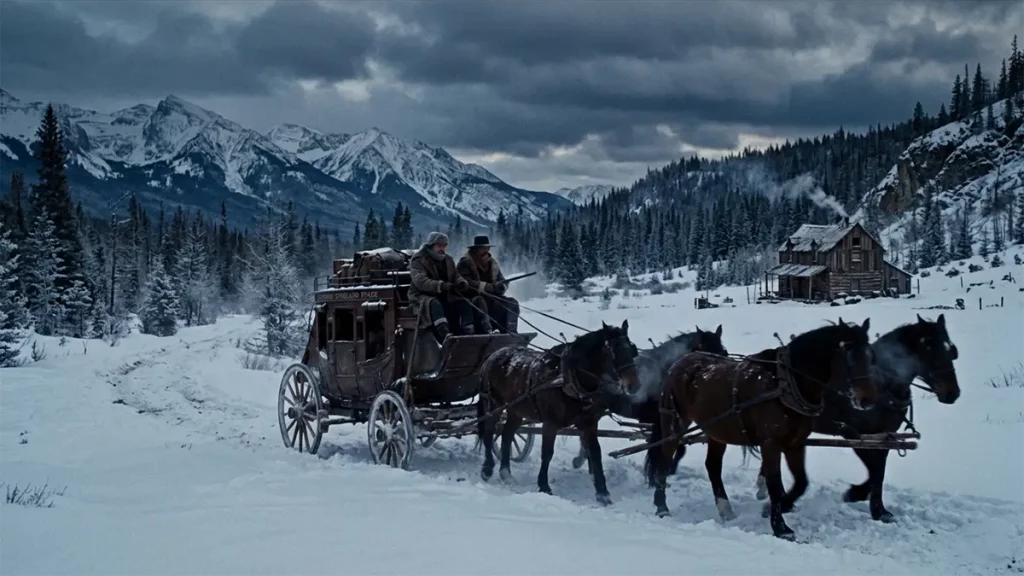 Eine hölzerne Postkutsche, gezogen von vier Pferden, fährt durch eine tief verschneite Winterlandschaft in Wyoming. Auf dem Kutschbock sitzen zwei Männer in dicken Wintermänteln. Im Hintergrund ragen majestätische, schneebedeckte Berge unter einem dramatischen, wolkenverhangenen Himmel auf, rechts steht eine einsame Blockhütte mit rauchendem Schornstein.
