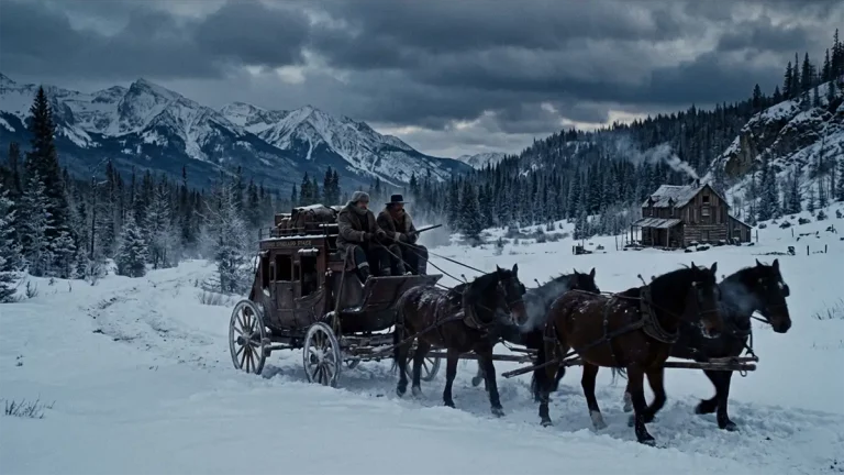 Eine hölzerne Postkutsche, gezogen von vier Pferden, fährt durch eine tief verschneite Winterlandschaft in Wyoming. Auf dem Kutschbock sitzen zwei Männer in dicken Wintermänteln. Im Hintergrund ragen majestätische, schneebedeckte Berge unter einem dramatischen, wolkenverhangenen Himmel auf, rechts steht eine einsame Blockhütte mit rauchendem Schornstein.
